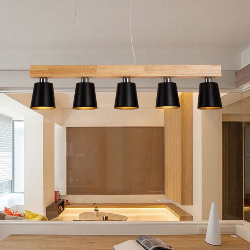 Nordic Modern Wood Island Pendant with Tapered Metal Lampshade Work Room Hanging Lamp