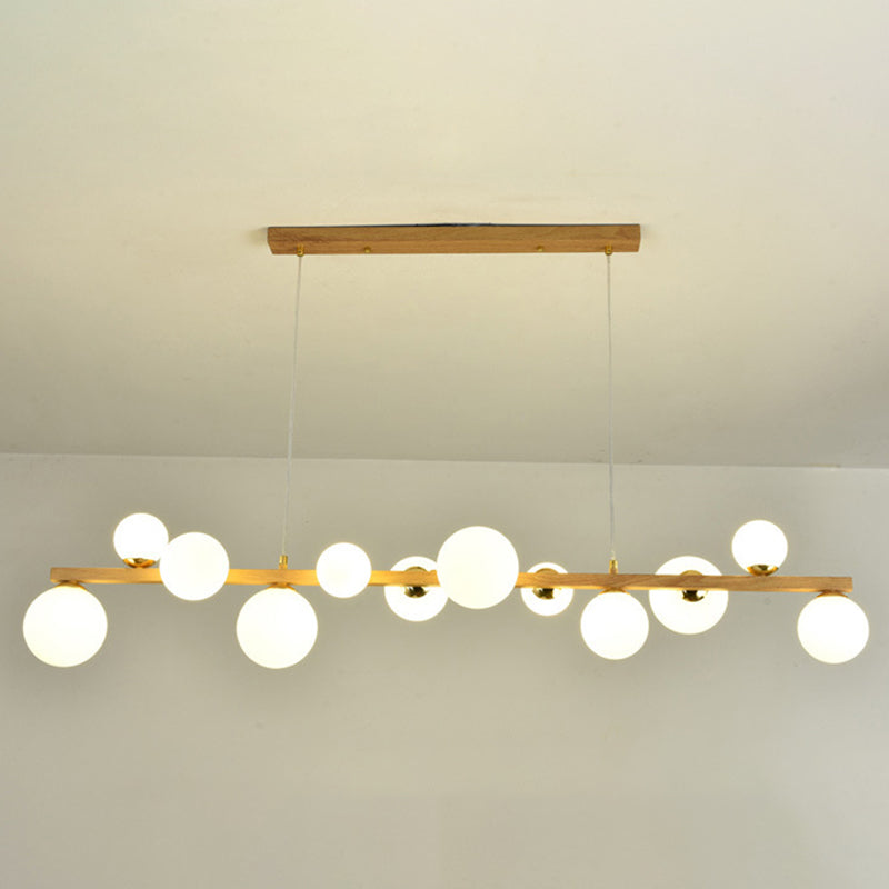 Nordic Linear Imitation Solid Wood Island Pendant with Globe Shade Glass Island Light for Dining Room