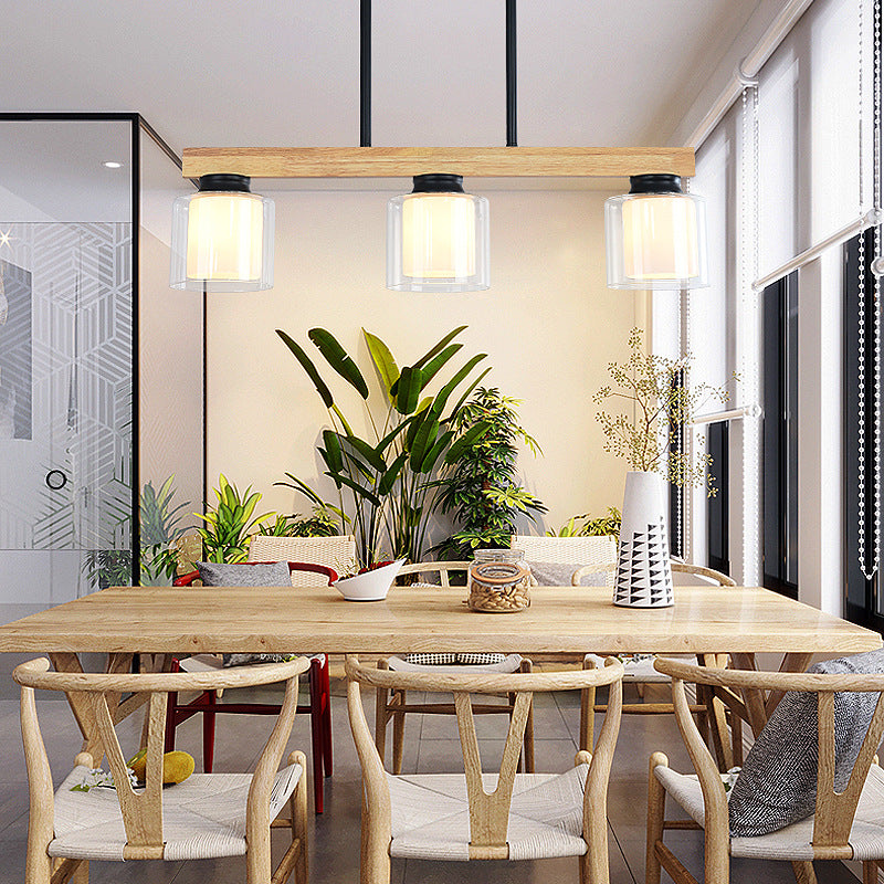 Nordic Modern Wood Island Pendant with Cylindrical Glass Lampshade Dining Table Hanging Lamp