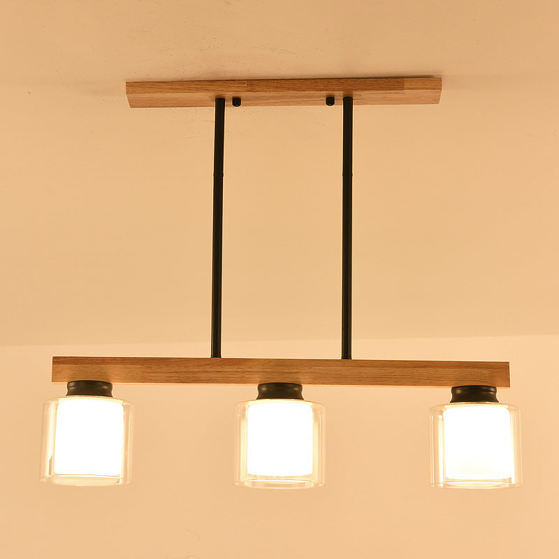 Nordic Modern Wood Island Pendant with Cylindrical Glass Lampshade Dining Table Hanging Lamp