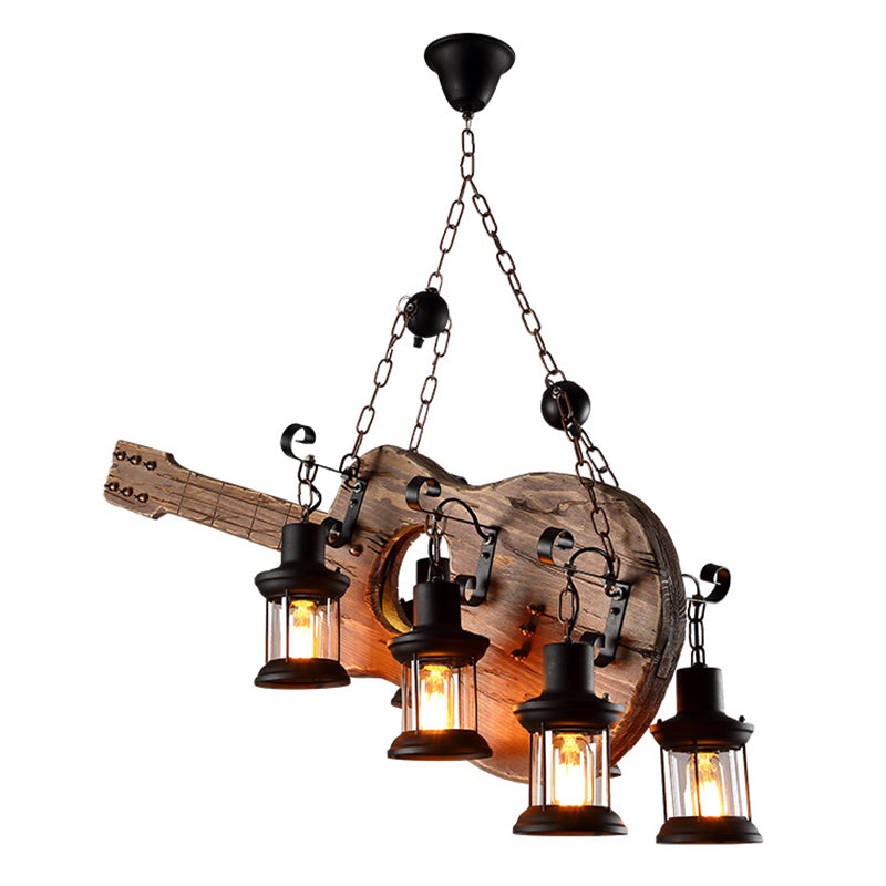 4 Light Wood Guitar Pendant Light Art Deco Industrial Black Metal Hanging Lamp