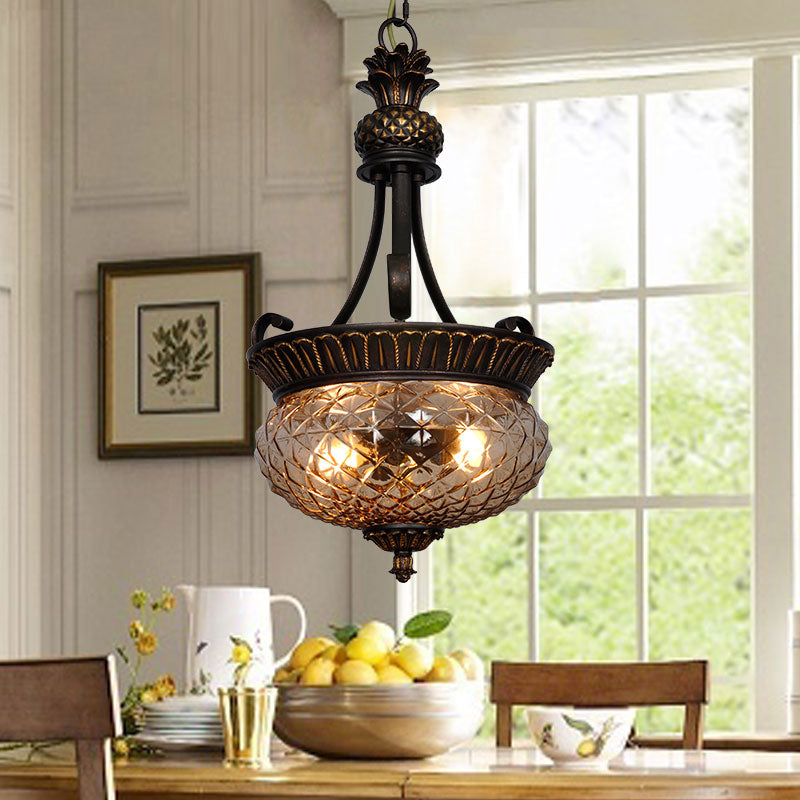 2 Lights Dining Room Ceiling Suspension Lamp Country Black Chandelier Pendant Light with Oval   Clear Prismatic Glass Shade