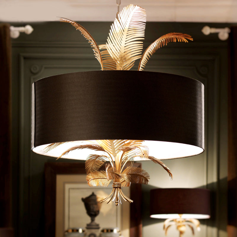 6 Lights Ceiling Light Country Drum Fabric Hanging Chandelier in Black for Dining Room with Leaves Deco