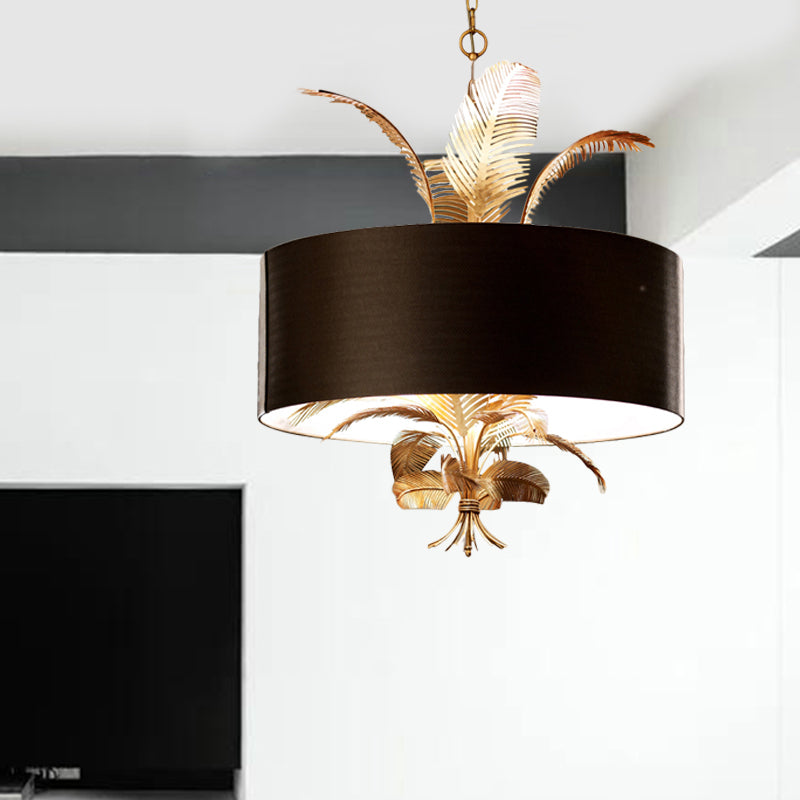 6 Lights Ceiling Light Country Drum Fabric Hanging Chandelier in Black for Dining Room with Leaves Deco