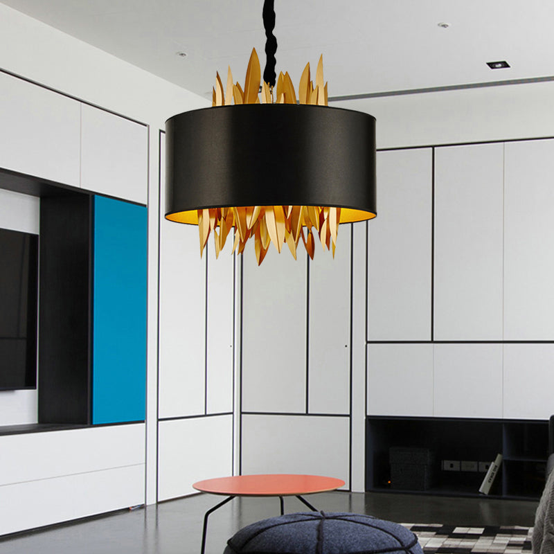 4 Lights Fabric Chandelier Lamp Country Black Round Dining Room Hanging Ceiling Light with Metal Leaves