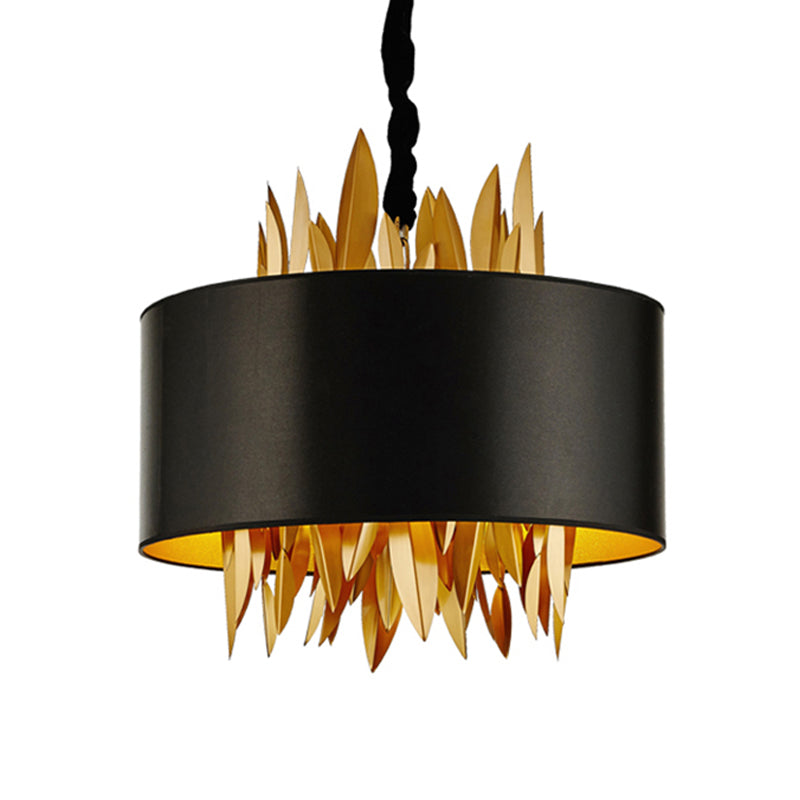 4 Lights Fabric Chandelier Lamp Country Black Round Dining Room Hanging Ceiling Light with Metal Leaves