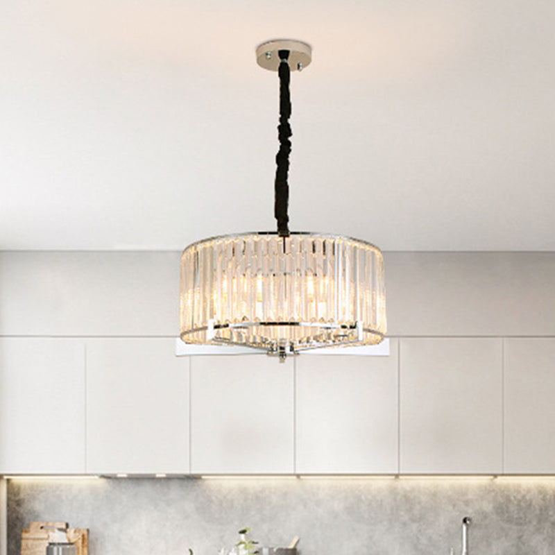 Drum Clear Crystal Block Hanging Lamp Traditional 5/6 Heads Dining Room Chandelier Lighting Fixture