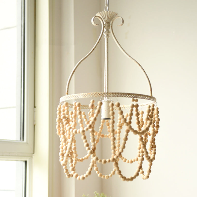 Wooden Beaded Pendulum Pendant Country Style 1 Bulb White Ceiling Lamp with Iron Bellied Vase Hanging Frame