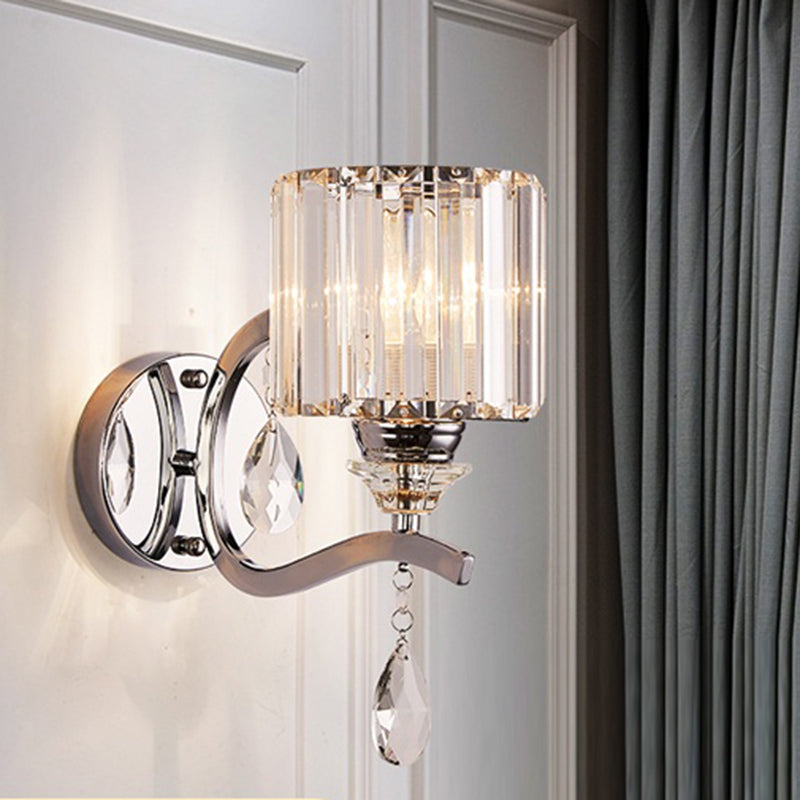 Cylinder Wall Light Sconce Modern Crystal Block 1 Light Bedroom Wall Mounted Light in Chrome