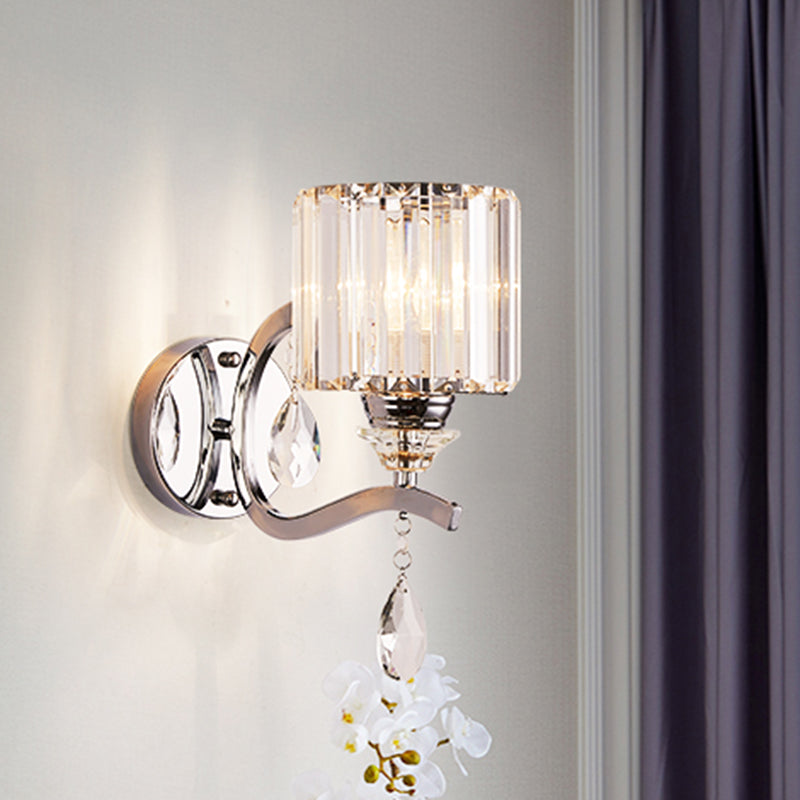 Cylinder Wall Light Sconce Modern Crystal Block 1 Light Bedroom Wall Mounted Light in Chrome