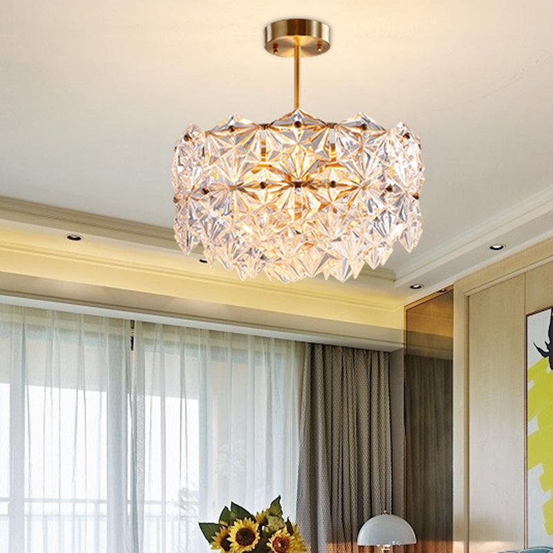 Gold Circular Hanging Lamp Kit Postmodern 8/9 Heads Hexagon Crystal Hanging Ceiling Light