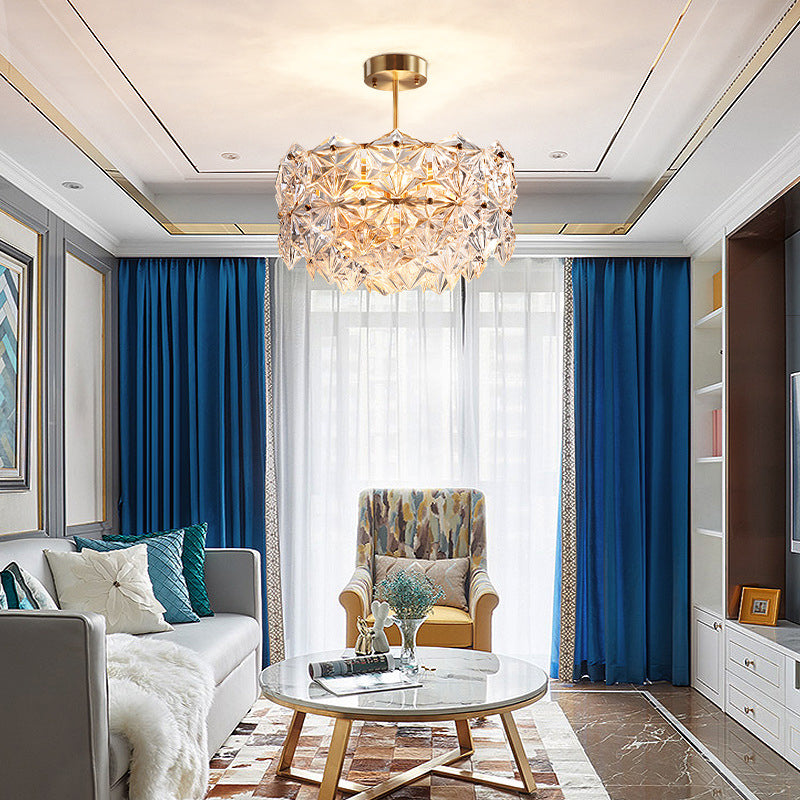 Gold Circular Hanging Lamp Kit Postmodern 8/9 Heads Hexagon Crystal Hanging Ceiling Light