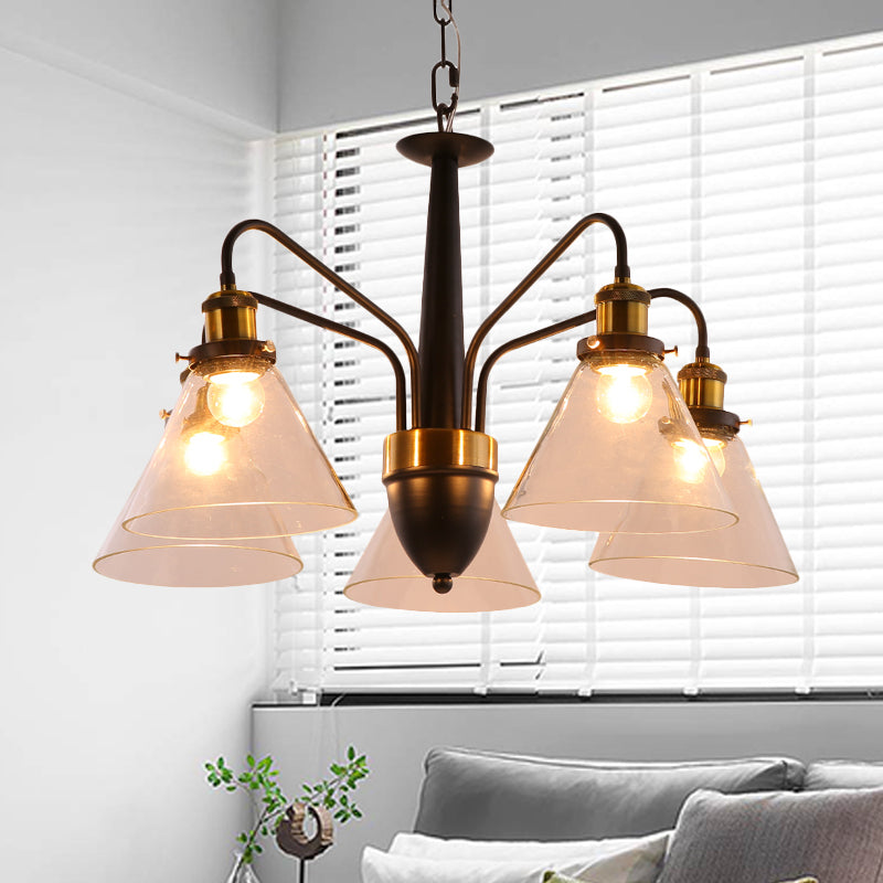3/5/6-Light Conical Chandelier Light Traditional Black and Gold Hanging Pendant with Clear Glass Shade