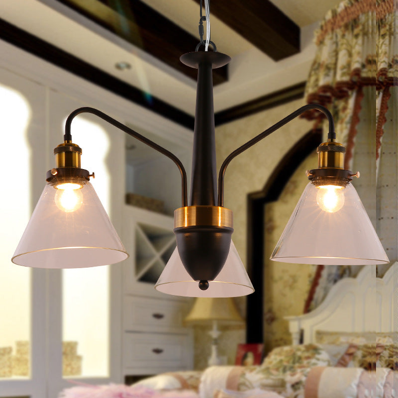 3/5/6-Light Conical Chandelier Light Traditional Black and Gold Hanging Pendant with Clear Glass Shade
