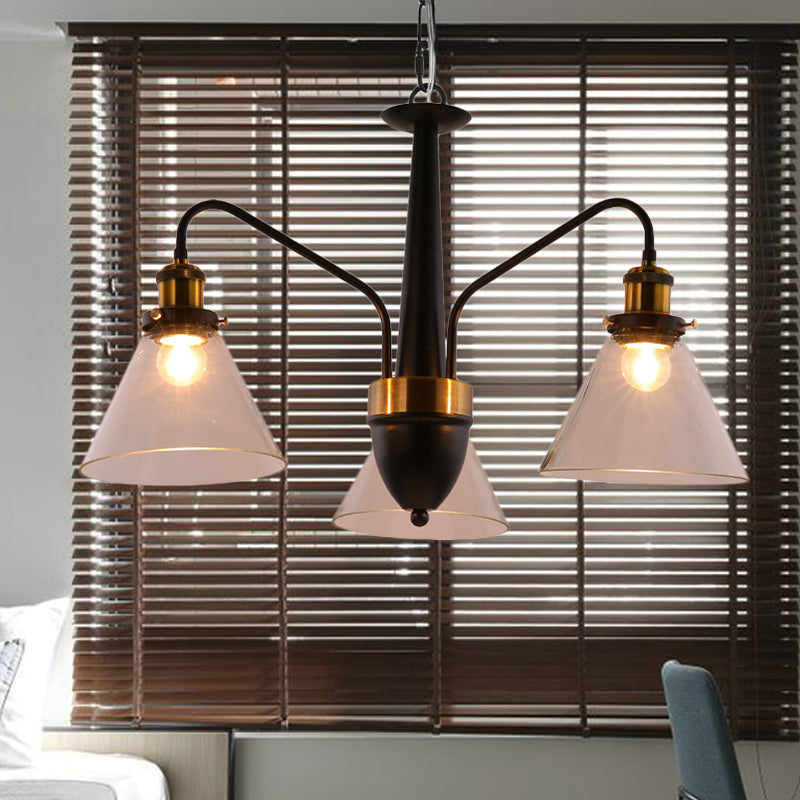 3/5/6-Light Conical Chandelier Light Traditional Black and Gold Hanging Pendant with Clear Glass Shade