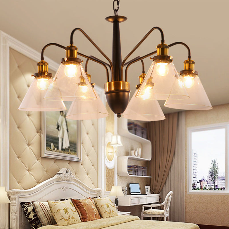 3/5/6-Light Conical Chandelier Light Traditional Black and Gold Hanging Pendant with Clear Glass Shade