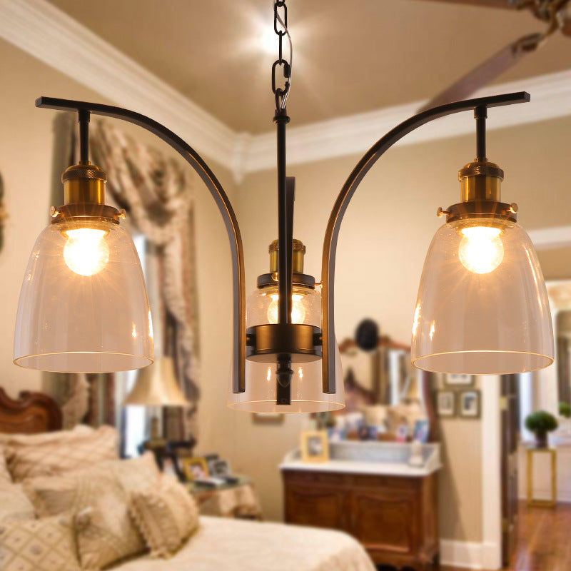 Clear Glass Cup Shape Chandelier Pendant Vintage 3/5/6-Light Ceiling Lamp with Curved Arm