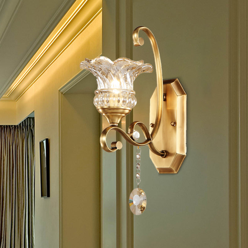 Flower Sconce Light Fixture Modern Clear Glass 1/2 Lights Brass Wall Lamp with Crystal Accent