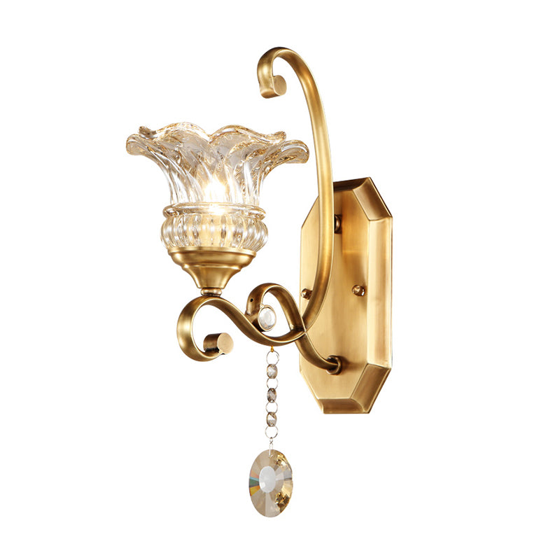 Flower Sconce Light Fixture Modern Clear Glass 1/2 Lights Brass Wall Lamp with Crystal Accent