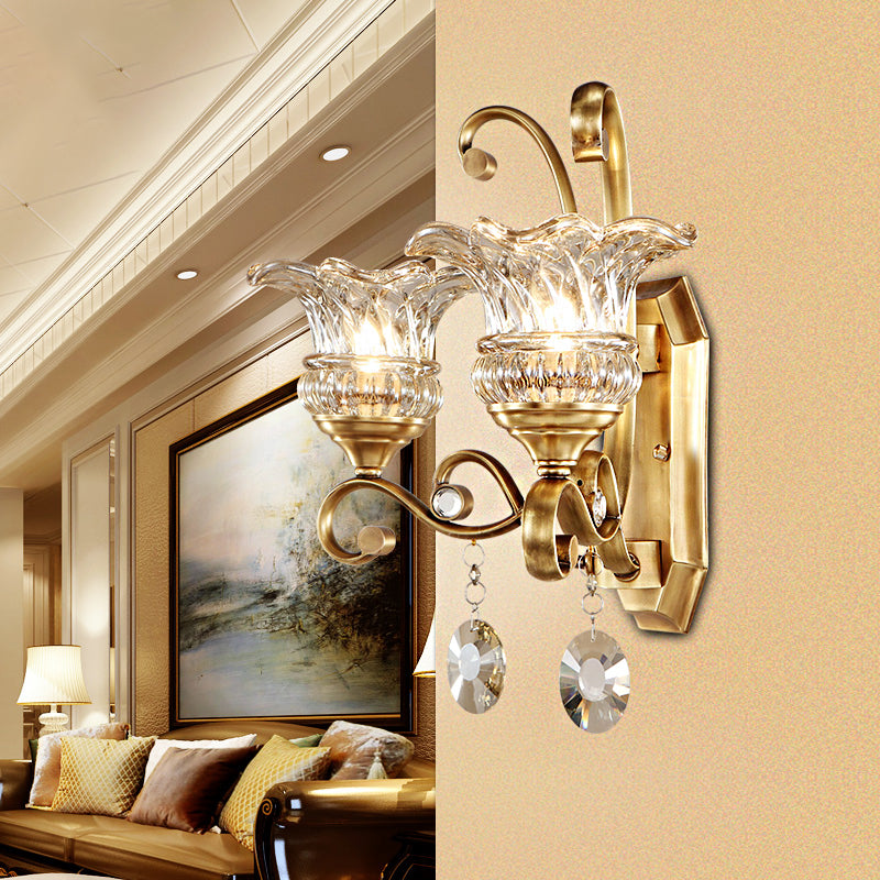 Flower Sconce Light Fixture Modern Clear Glass 1/2 Lights Brass Wall Lamp with Crystal Accent