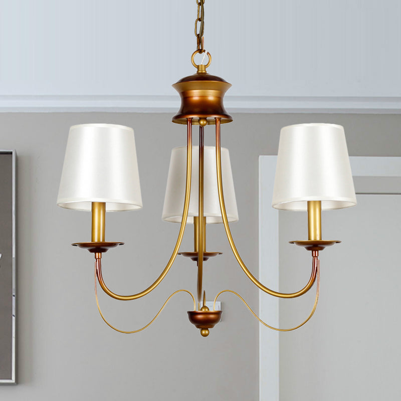 3/5/6 Lights Brass Finish Hanging Chandelier Traditional Conical Ceiling Light with White Fabric Lamp Shade