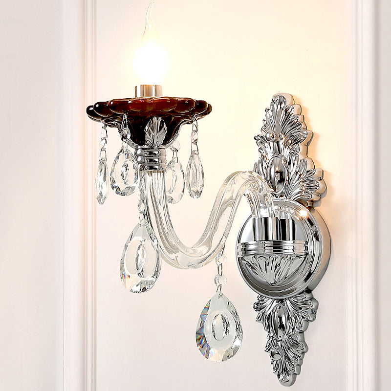 Mur à bougie argentée Lumière montée moderne 1/2 têtes Crystal Drop Sconce Light pour la chambre