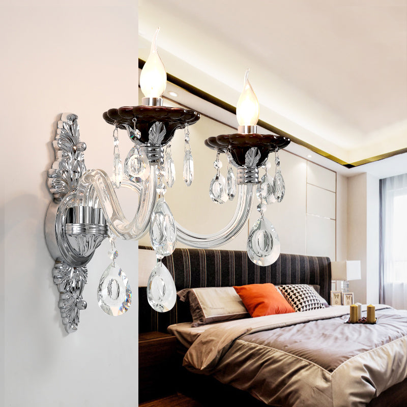 Mur à bougie argentée Lumière montée moderne 1/2 têtes Crystal Drop Sconce Light pour la chambre
