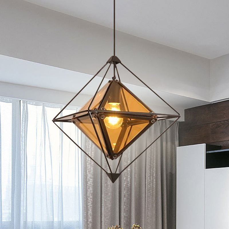 Black/Gold/Amber Glass 1-Light Drop Pendant Colonial Diamond Shape Ceiling Light Fixture with Exterior Iron Frame