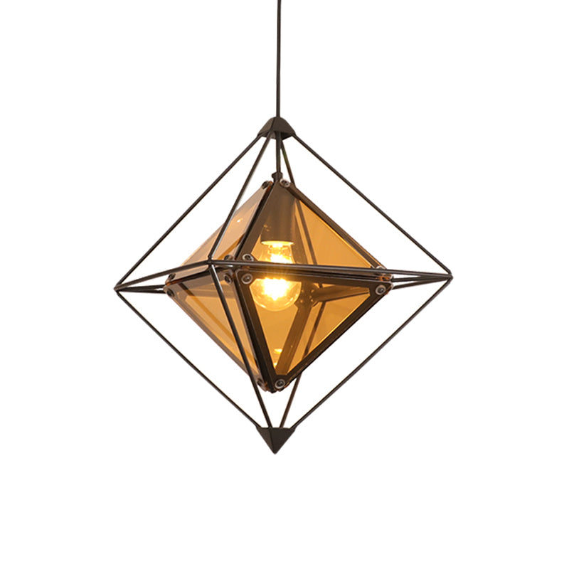 Black/Gold/Amber Glass 1-Light Drop Pendant Colonial Diamond Shape Ceiling Light Fixture with Exterior Iron Frame