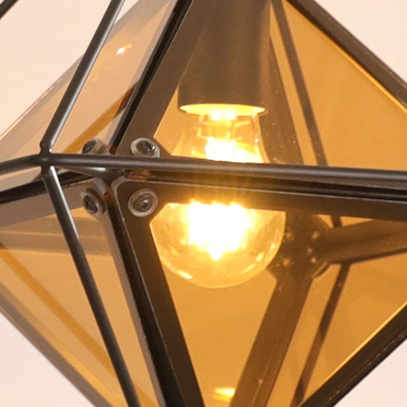 Black / Gold / Amber Verre 1-Light Drop pendentif Colonial Diamond Shape Plafond Lightture avec cadre de fer extérieur