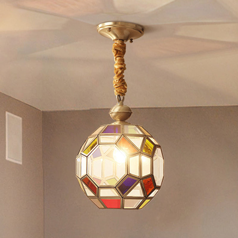 1 Bulb Faceted Disco Ball Pendant Colonial Brass Finish Ceiling Lamp with Multi-Colored Glass Shade