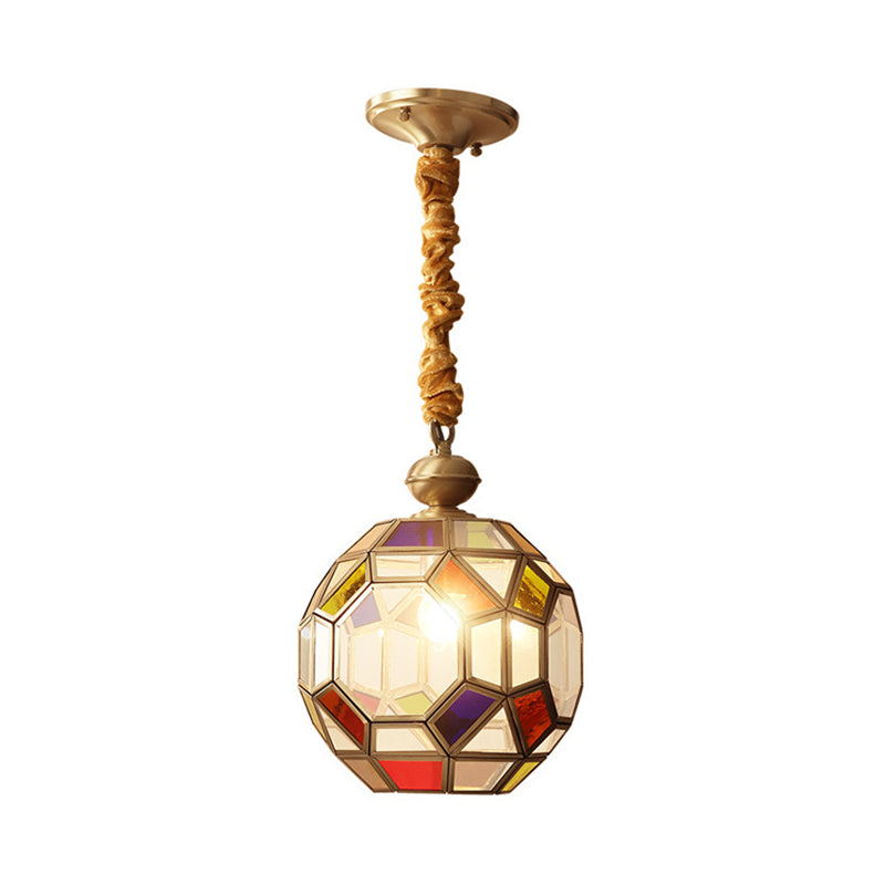 1 Bulb Faceted Disco Ball Pendant Colonial Brass Finish Ceiling Lamp with Multi-Colored Glass Shade