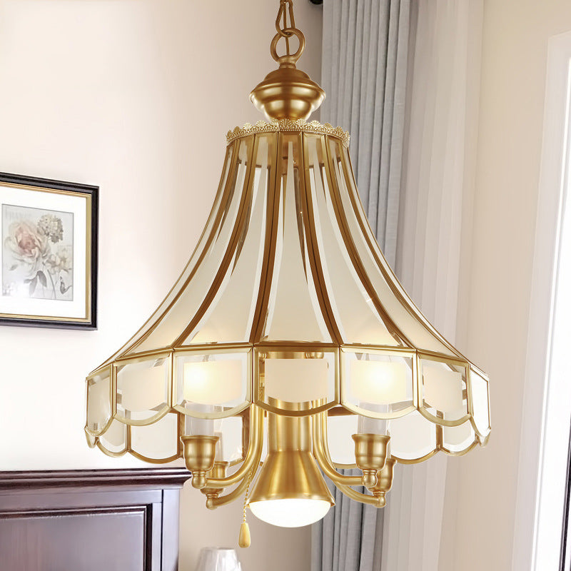 Lámpara de lámpara de campana de vidrio esmerilado tradicional de acoso de latón de 5 luces iluminación de suspensión
