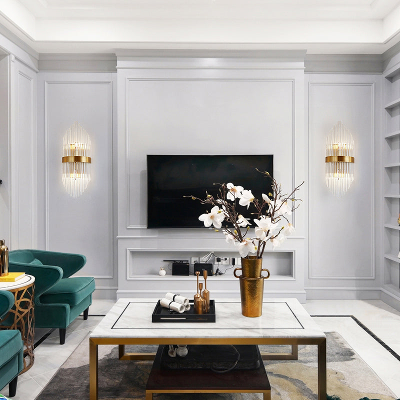 Crystal Rod Shield Wall Mount Light Postmodern 2/3 Heads Gold Sconce Light Fixture for Living Room