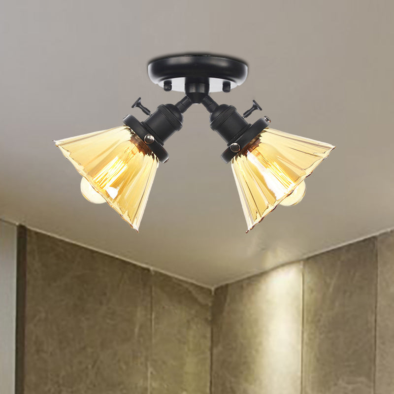 Cone Shade Bedroom Semi Mount Lighting Amber/Clear Glass 2 Heads Industrial Stylish Ceiling Flush Mount in Black/Bronze