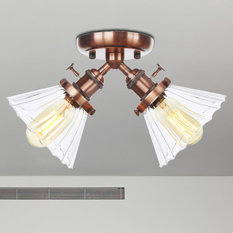 Cone Shade Bedroom Semi Mount Lighting Amber/Clear Glass 2 Heads Industrial Stylish Ceiling Flush Mount in Black/Bronze