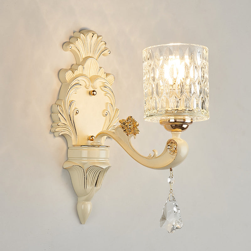 Cylinder Sconce Light Modern Clear Dimpled Glass 1/2 Heads Gold Wall Mount Light with Crystal Drop