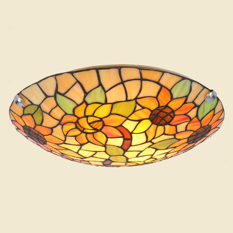 Flower&Leaf Pattern Tiffany Ceiling Light Stained Glass Shade Retro Mediterranean Style Flush Mount Lighting Fixtures for Restaurant Entrance Hall