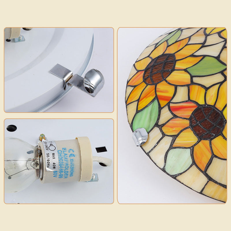 Flower&Leaf Pattern Tiffany Ceiling Light Stained Glass Shade Retro Mediterranean Style Flush Mount Lighting Fixtures for Restaurant Entrance Hall