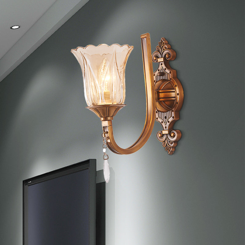Cognac Glass Flower Wall Mounted Light Vintage 1/2 Heads Brass Sconce Light Fixture with Crystal Drop