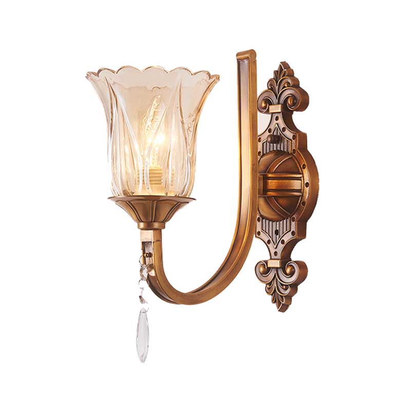 Cognac Glass Flower Wall Mounted Light Vintage 1/2 Heads Brass Sconce Light Fixture with Crystal Drop