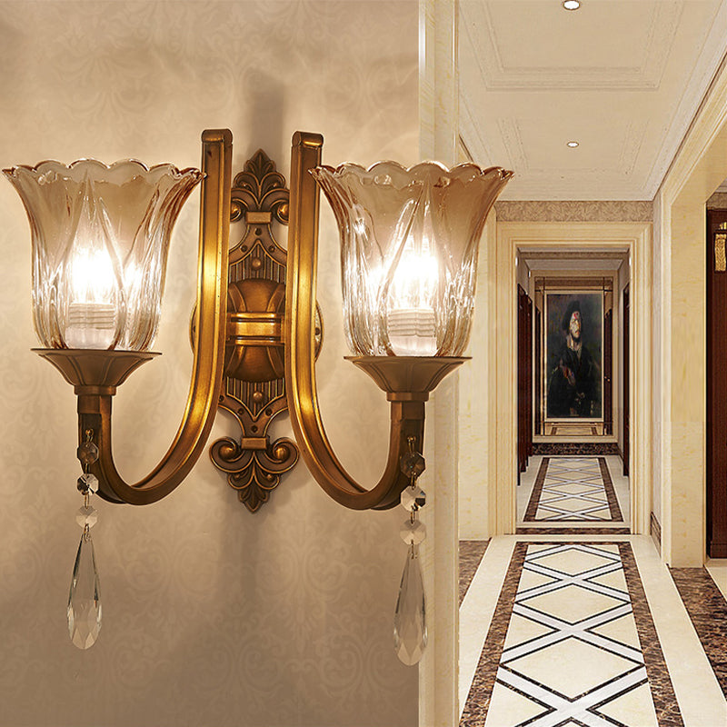 Cognac Glass Flower Wall Mounted Light Vintage 1/2 Heads Brass Sconce Light Fixture with Crystal Drop