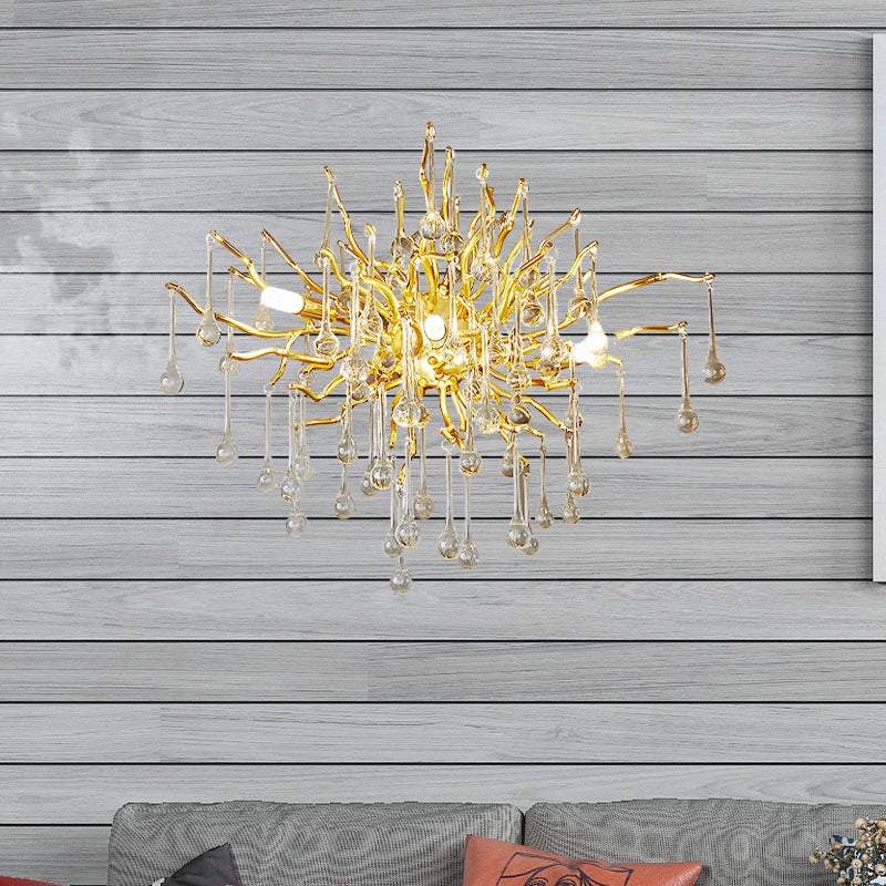 Starburst Wall Mount Light Art Deco Clear/Smoke Gray/Multicolor Waterdrop Crystal 3 Heads Gold Sconce Light Fixture