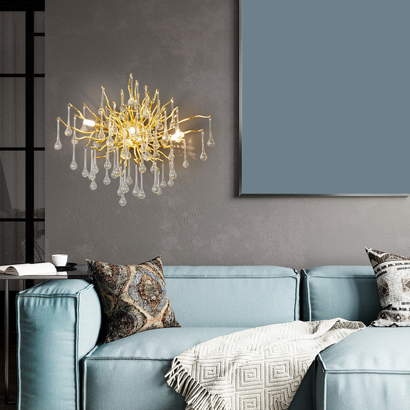 Starburst Wall Mount Light Art Deco Clear/Smoke Gray/Multicolor Waterdrop Crystal 3 Heads Gold Sconce Light Fixture