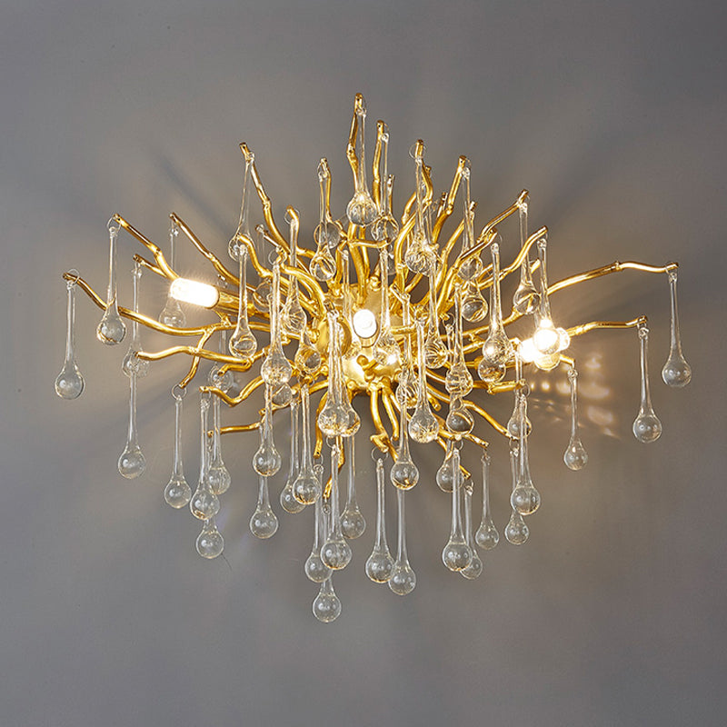 Starburst Wall Mount Light Art Deco Clear/Smoke Gray/Multicolor Waterdrop Crystal 3 Heads Gold Sconce Light Fixture