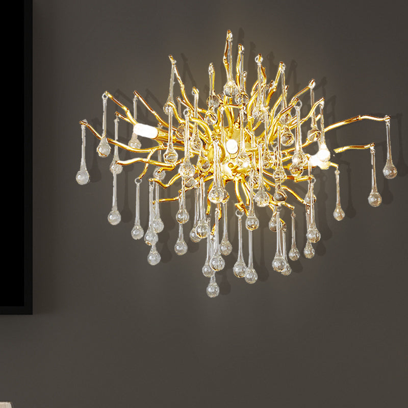 Starburst Wall Mount Light Art Deco Clear/Smoke Gray/Multicolor Waterdrop Crystal 3 Heads Gold Sconce Light Fixture