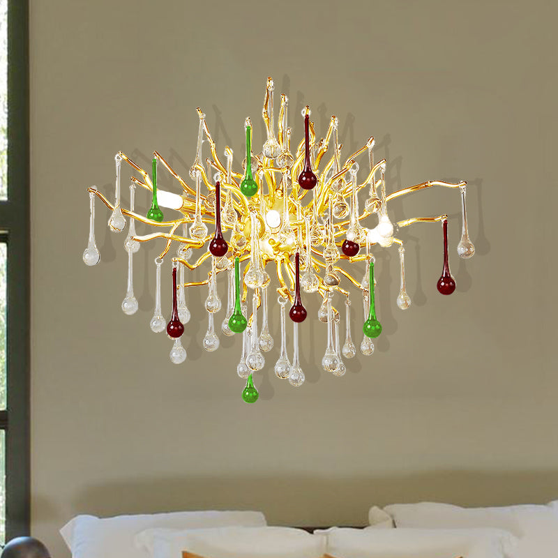 Starburst Wall Mount Light Art Deco Clear/Smoke Gray/Multicolor Waterdrop Crystal 3 Heads Gold Sconce Light Fixture