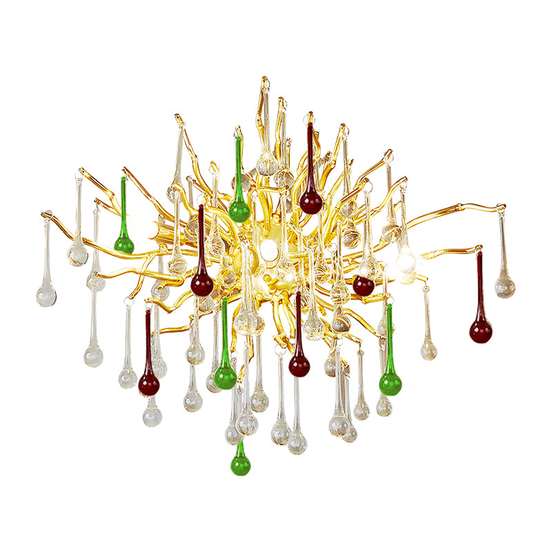 Starburst Wall Mount Light Art Deco Clear/Smoke Gray/Multicolor Waterdrop Crystal 3 Heads Gold Sconce Light Fixture