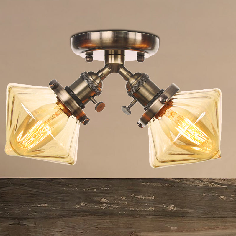 Diamond Amber/Clear Glass Semi Mount Lighting Farmhouse 2 Lights Black/Bronze Semi Flush Light Fixture for Restaurant