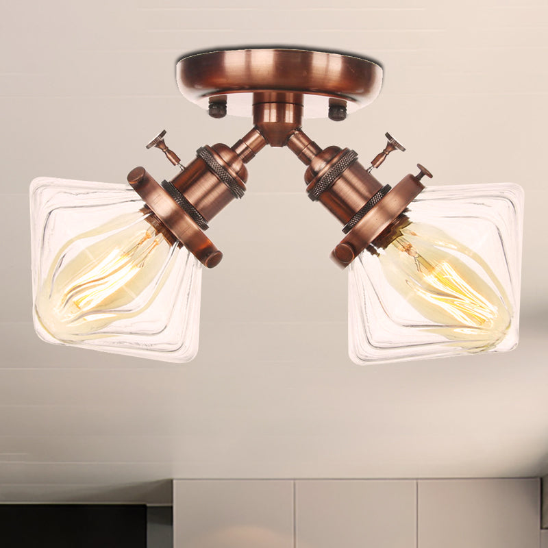 Diamond Amber/Clear Glass Semi Mount Lighting Farmhouse 2 Lights Black/Bronze Semi Flush Light Fixture for Restaurant
